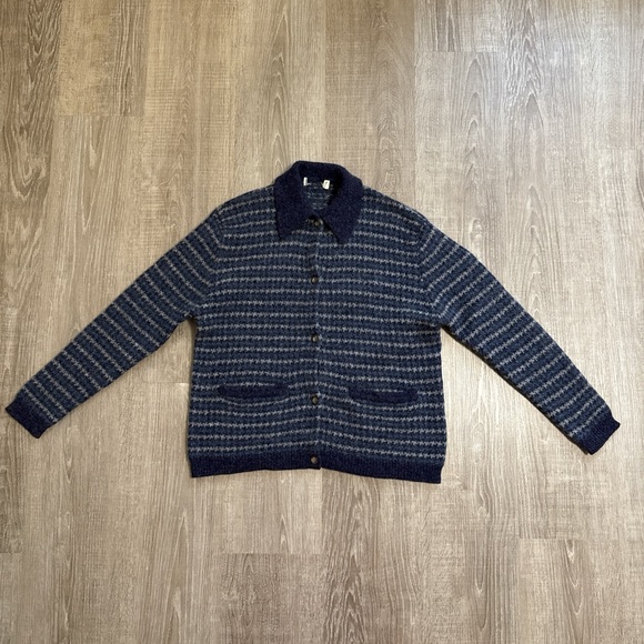 Vintage Eddie Bauer 100% Wool Button Up Blue Stripes Knit Cardigan Size Small - Picture 2 of 11